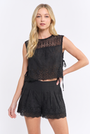 CS25777 EYELET LACE SIDE TIE CROP TOP AND TIERED SHORTS SET