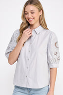 CT25334 PUFF SLEEVE BUTTON-UP EMBROIDERED BLOUSE