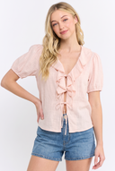CT25157 TIE FRONT RUFFLE LINEN BLOUSE