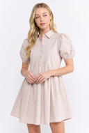 CD25191 COTTON PUFF SLEEVE HALF BUTTON UP SHIRT DRESS