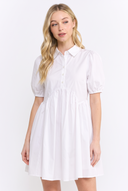 CD25191 COTTON PUFF SLEEVE HALF BUTTON UP SHIRT DRESS