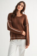 BROWN RIBBED SWEATER WITH CONTRASTING STITCH