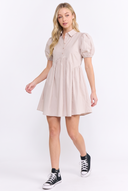 CD25191 COTTON PUFF SLEEVE HALF BUTTON UP SHIRT DRESS