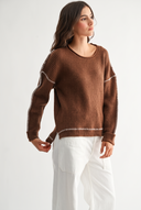 BROWN RIBBED SWEATER WITH CONTRASTING STITCH