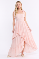 CD25300 SLEEVELESS TIE-SHOULDER FLOWY RUFFLE DRESS