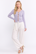 CT25125A LONG-SLEEVE RIBBED BUTTON-UP CARDIGAN