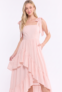 CD25300 SLEEVELESS TIE-SHOULDER FLOWY RUFFLE DRESS