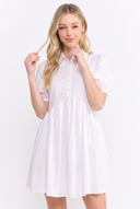 CD25191 COTTON PUFF SLEEVE HALF BUTTON UP SHIRT DRESS