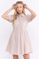 CD25191 COTTON PUFF SLEEVE HALF BUTTON UP SHIRT DRESS