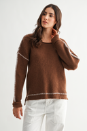 BROWN RIBBED SWEATER WITH CONTRASTING STITCH