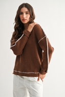 BROWN RIBBED SWEATER WITH CONTRASTING STITCH