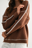 BROWN RIBBED SWEATER WITH CONTRASTING STITCH