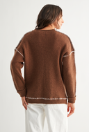 BROWN RIBBED SWEATER WITH CONTRASTING STITCH