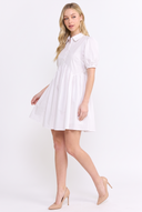 CD25191 COTTON PUFF SLEEVE HALF BUTTON UP SHIRT DRESS
